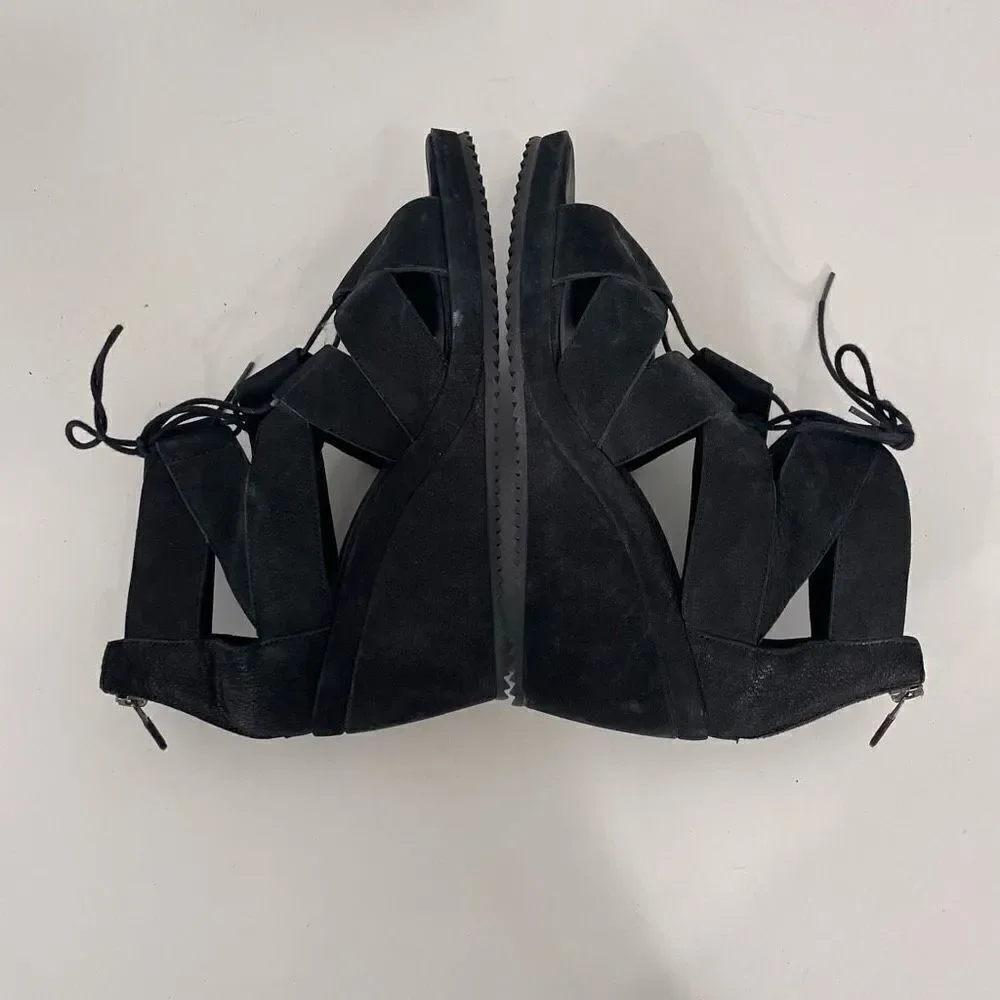 Eileen Fisher Black Cut Out Lace Up‎ Wedge Sandals